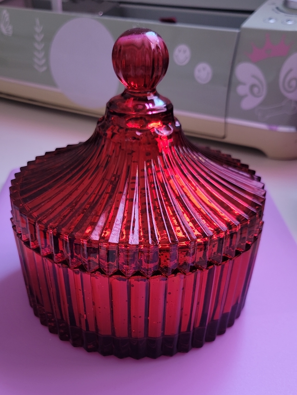 Red Glass Trinket Jar with Faceted Lid